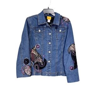 Ruby Rd Denim Jacket Size 12 Embellished Paisley Embroidered Button‎ Up Coat